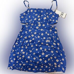 NWT Zara cutout linen blue floral dress